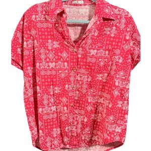 IT red Bandana Print Short Sleeve boxy slightly cropped Button Front Shirt M